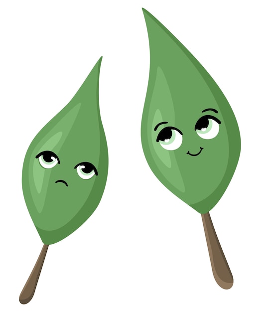 Two green leaves emoji sticker card sad and happy sign set cartoon vector illustration flat