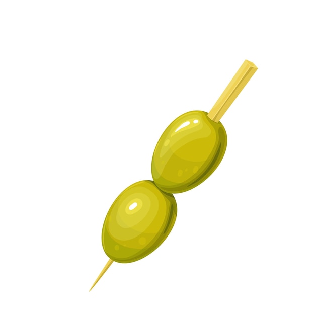 Two green olives on a wooden skewer