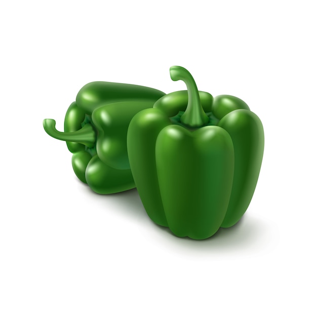 Two Green Sweet Bulgarian Bell Peppers, Paprika Isolated on White Background