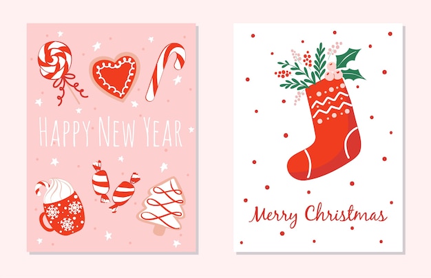 Two greeting christmas cards design and text. Holiday season illustrations