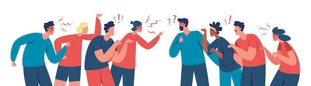 벡터 논쟁하고 싸우는 두 그룹의 사람들, 사람들 사이의 갈등. 논쟁이나 불일치 벡터 삽화가 있는 화난 캐릭터. 토론이나 오해가 있는 동료
