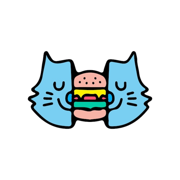 Two half of cat head with burger inside. Illustration for street wear, t shirt, poster.