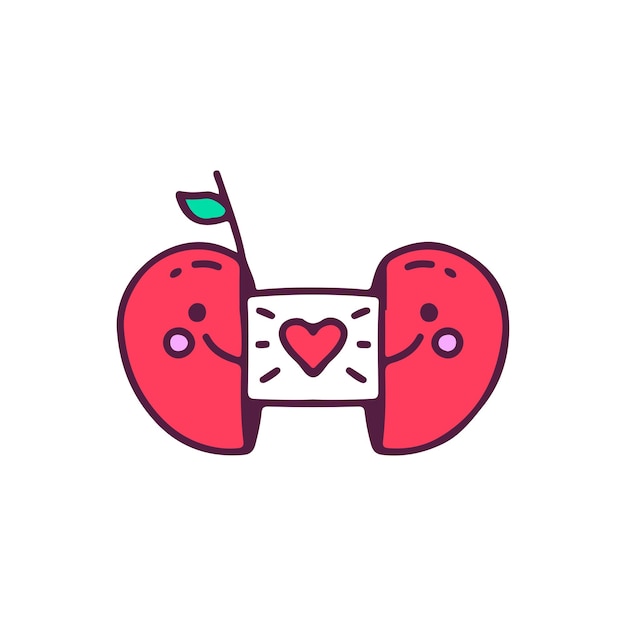 사랑 표시가 있는 귀여운 사과 반쪽, 거리 옷, 스티커 또는 의류 상품.