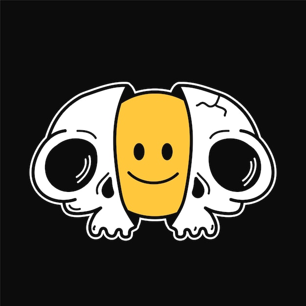 Vector two half of shull with smile face  inside. vector hand drawn doodle 90s style cartoon character illustration. trippy smile face skull print for t-shirt,poster,card concept