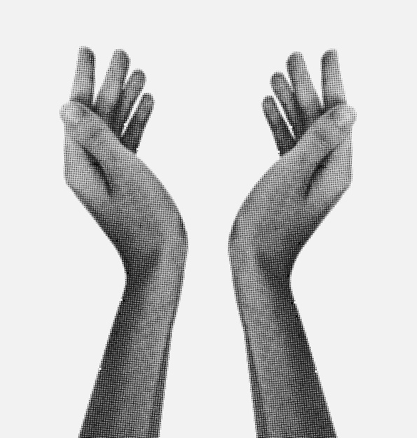 two halftone hands holding something in vintage style design element cupped hands isolated on white background
