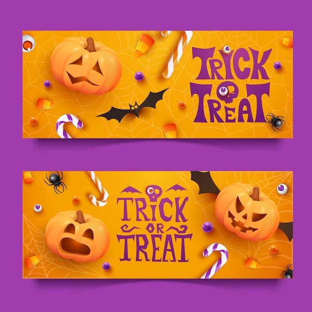 Vector two halloween horizontal banners with candies spiders bats and pumpkins on orange background