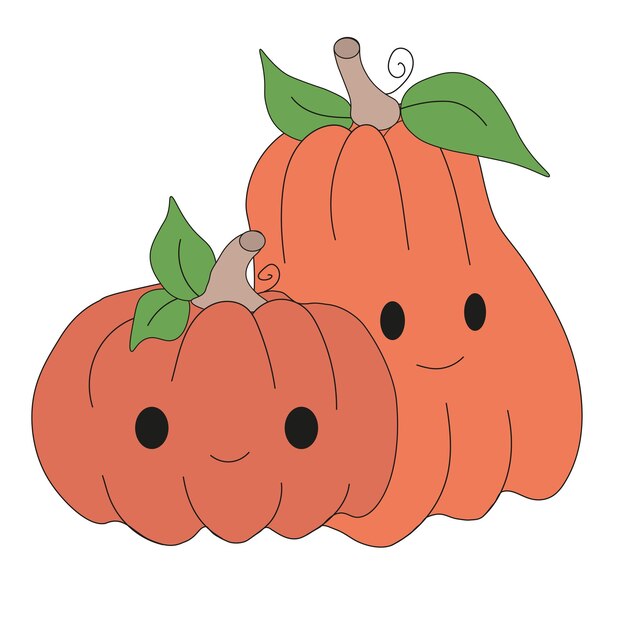 Two halloween pumpkins with faces. Doodles halloween illustration. Pumpkins with smiling faces