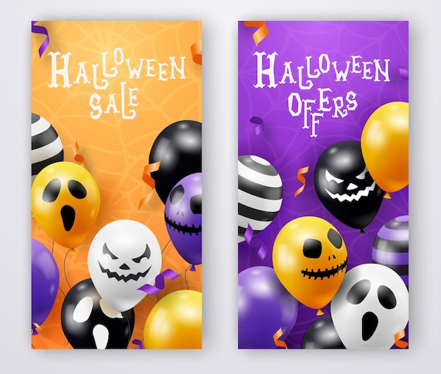 Two Halloween vector vertical banners with ghost balloons. Creepy scary faces on balloons. Decoration element for halloween celebration