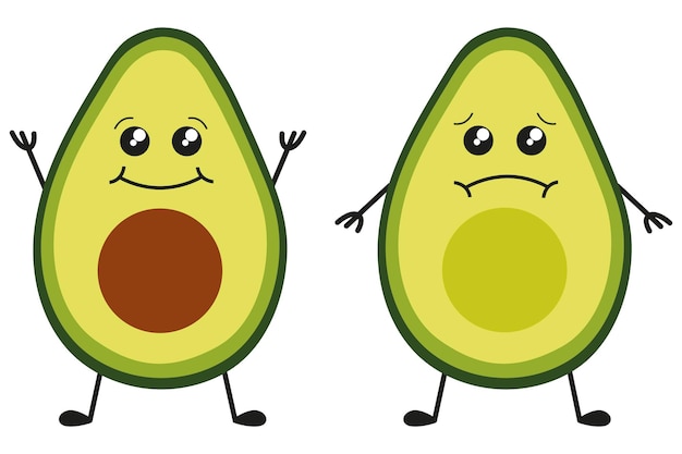 Vector two halves of a happy and sad avocado with arms and legs