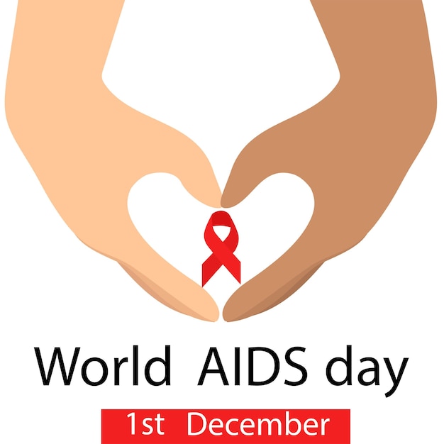 Two hand as heart form with red ribbon inside. World AIDS day 1st December. Vector illustration