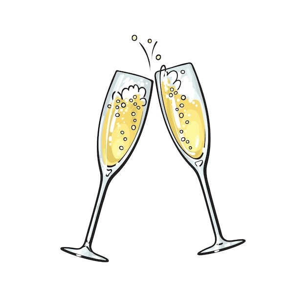 Vettore due bicchieri di champagne tintinnanti disegnati a mano