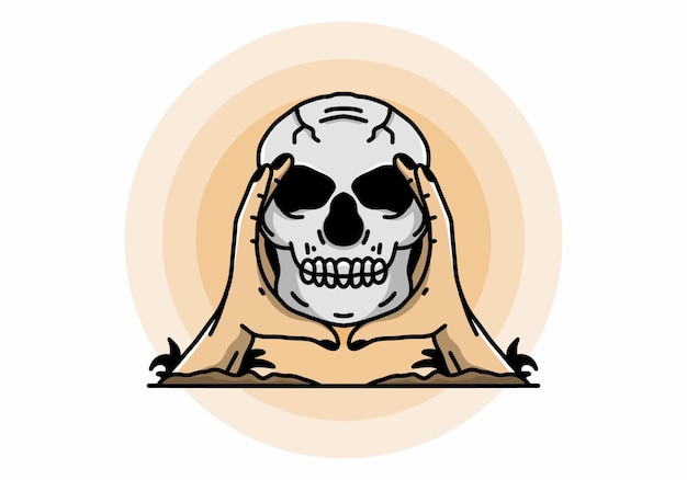 Two hand holding a skull illustration badge