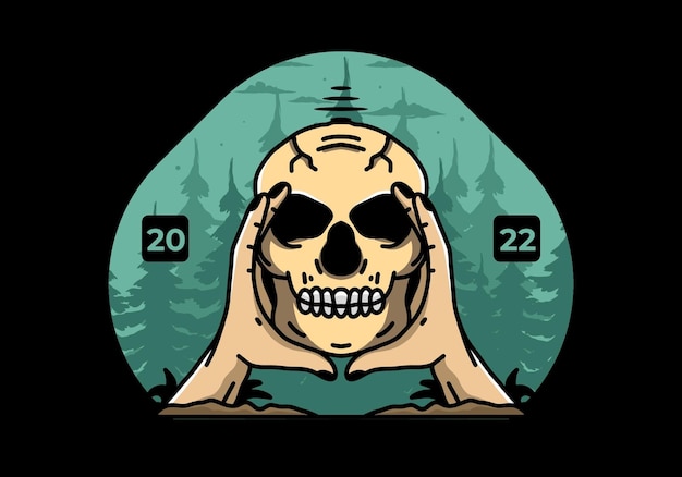 Two hand holding a skull illustration badge