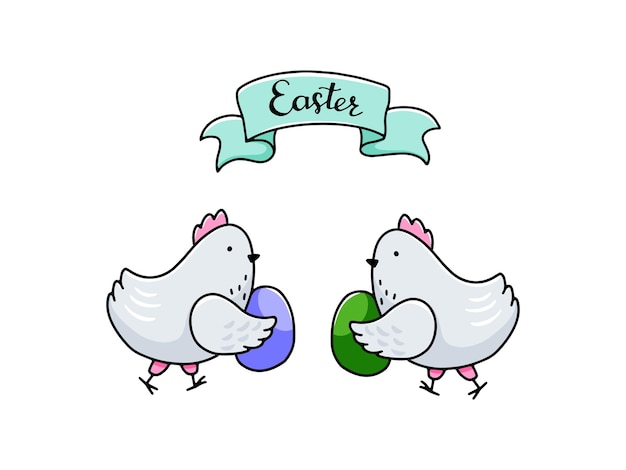 Vector two handdrawn mother hens each holding an egg banner with handdrawn inscription easter happy easter concept