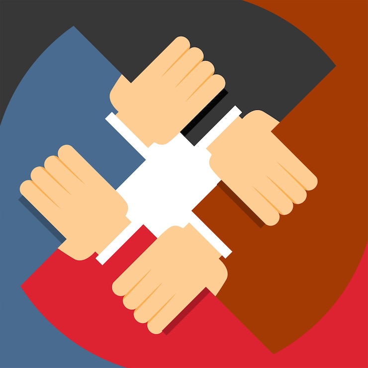 Vector two hands are holding each other in front of a red and blue background