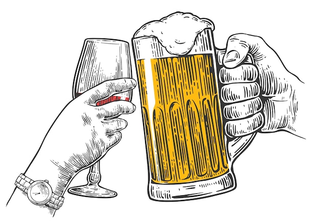 two hands clink a glass of beer and a glass of wine hand drawn design vintage vector engraving