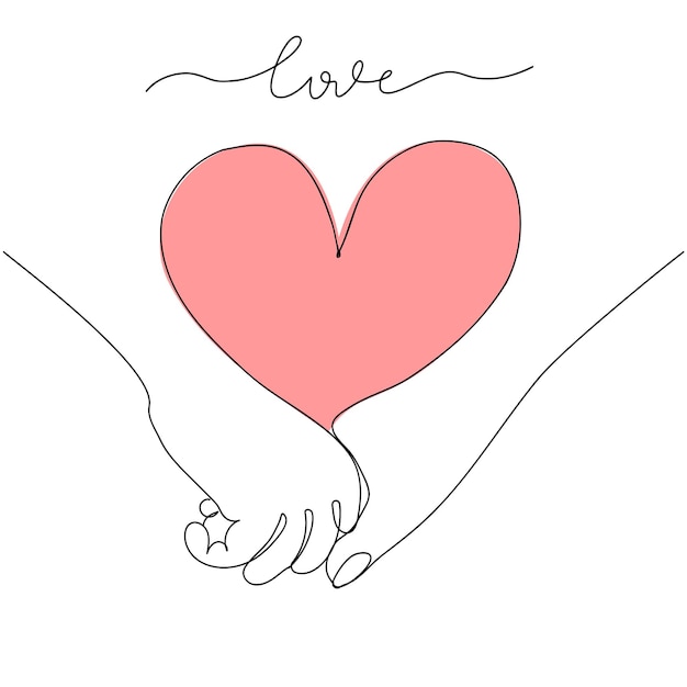 Two hands and a heart drawn with one line Isolated on white background Vector illustration