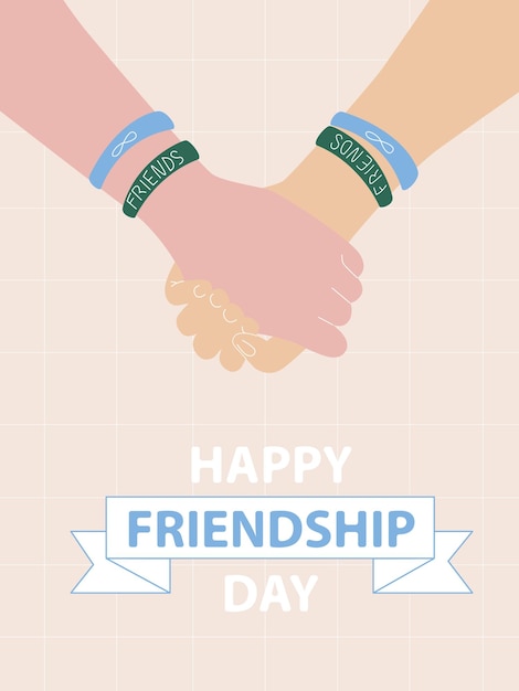 Две руки, держащиеся друг за друга, браслеты дружбы и бесконечный знак Международный день дружбы.