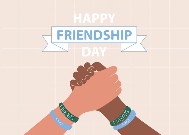 Two hands holding each other friendship bracelets and infinity sign international friendship day