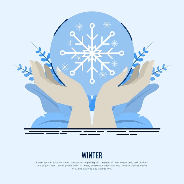 벡터 얼음이나 눈 공을 들고 두 손입니다. 아늑한 겨울 그림입니다. 눈 덮인 배경입니다. 벡터 평면 만화입니다.