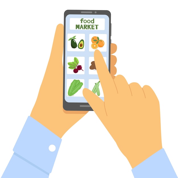 two hands holding a phone concept of buying products from the supermarket