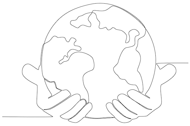 Two hands holding the planet earth carefully for earth day illustration one line art