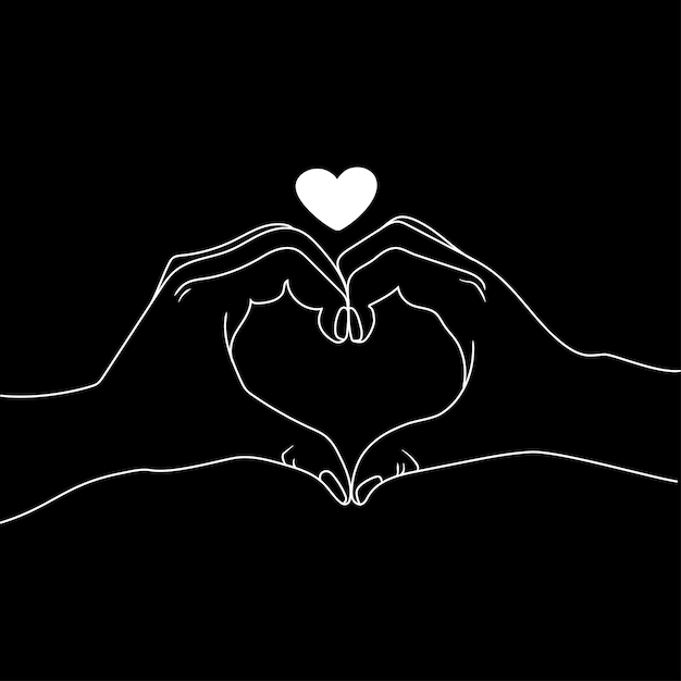 Two hands making heart sign Minimal art white line drawing on black background vector illustration.