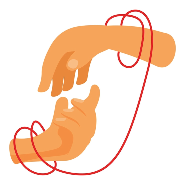 Vector two hands reaching for each other connected by red string of fate