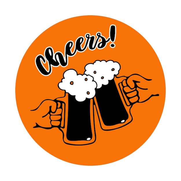 two hands toasting beer mugs cheers text glass tankards full of beer with foam premium vector