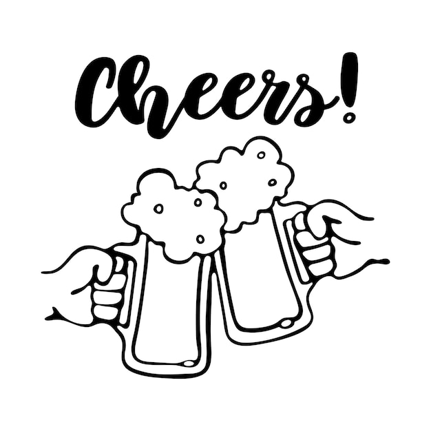 Two hands toasting beer mugs cheers text outline doodle octoberfest premium vector