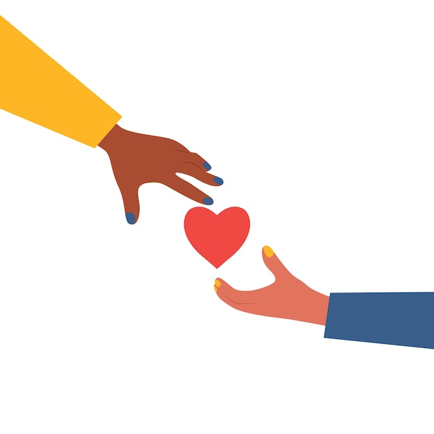 Two hands with heart Love and Care Support concept Giving help Helping hands Hand reaching out for help Give a hand Friendship concept flat vector isolated on white background Blue and yellow colors