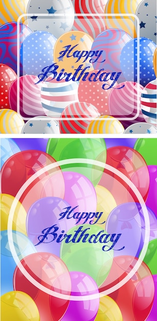 Two happy birthday card with balloons in background