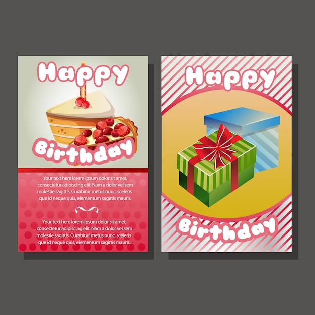 two happy birthday template with gift box and cake