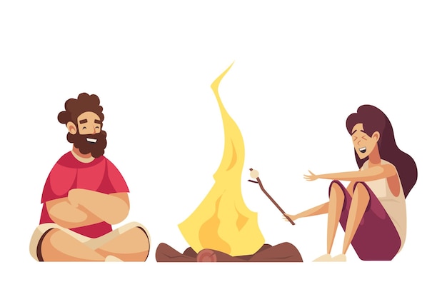 Two happy cartoon people frying marshmallow on campfire