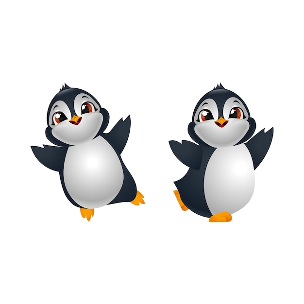 Two happy cute cartoon penguins