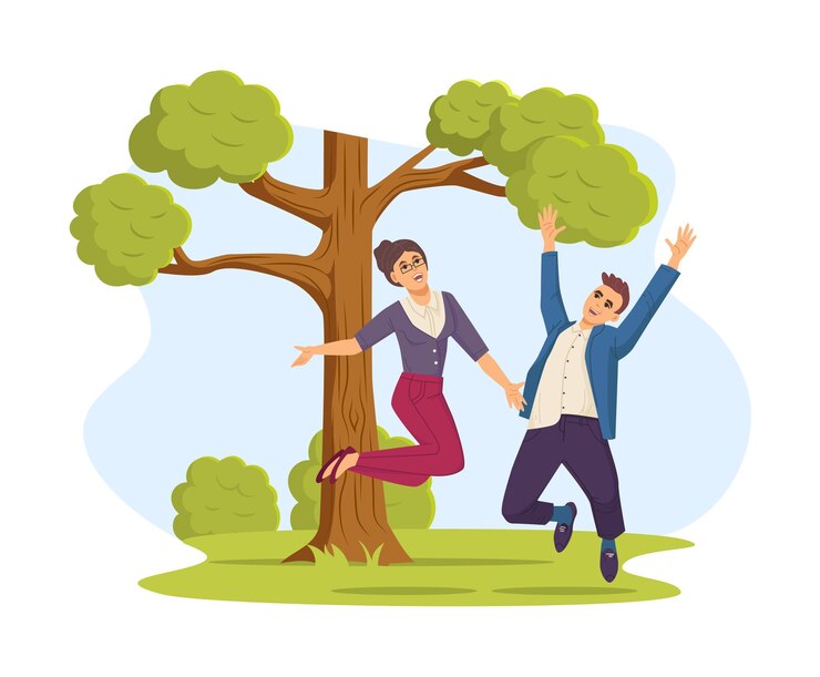 Vector two happy excited man and woman happily jumping in front of wooden cottage offsite corporate business team having fun on nature outdoors joyful people enjoying of success