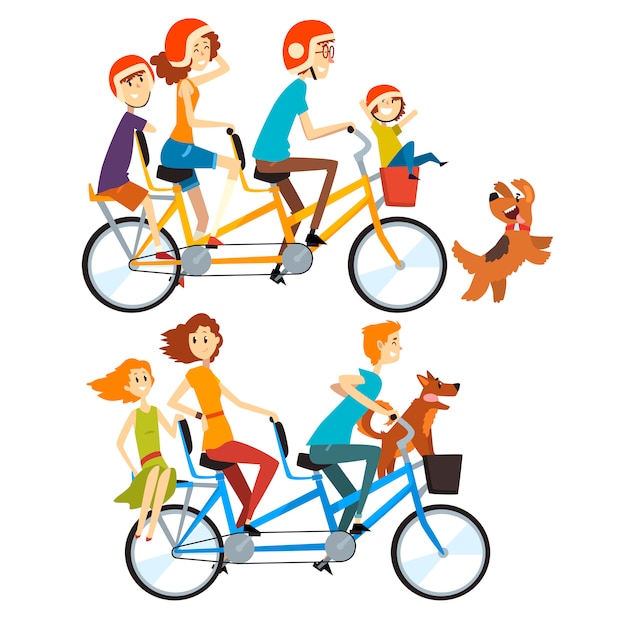 Vector two happy families riding on tandem bicycles with three seats and basket. parenting concept. recreation with kids. cartoon people characters.