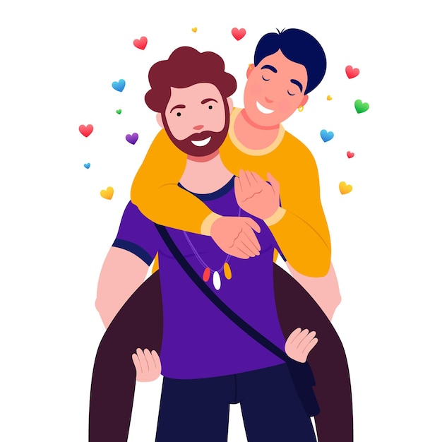 Vector two happy gay guys with lgbt flag and enjoying pride