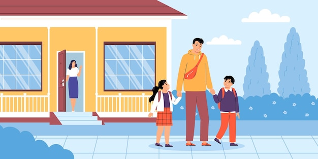 Vector two happy kids going to school together with their dad with mum waving goodbye to them in background flat vector illustration