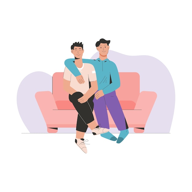 Vector two happy men sitting on couch and hugging