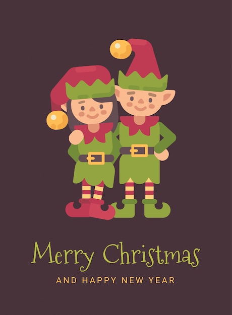 Two happy santa's elves christmas greeting card