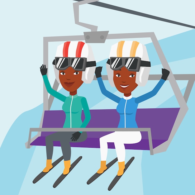 Vector two happy skiers using cableway at ski resort.