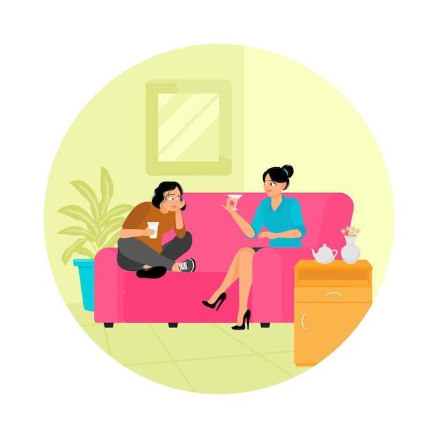 Two Happy Women Sitting on a Comfortable Sofa While Drinking Tea and Gossiping
