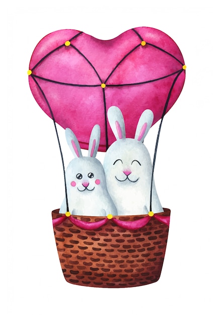 Two hares fly on a pink balloon in the shape of a heart.