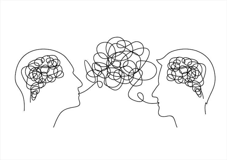 Vector two heads of people with confused thoughts in their heads are talking.