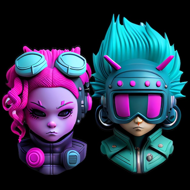 Vector two heads of two cyberpunk 3d characters icons