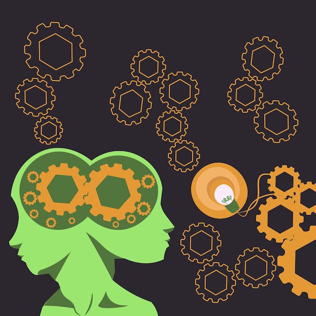 Vector two heads with cogs showing technology ideas gears in brain symbols design displaying mechanical and technical idea