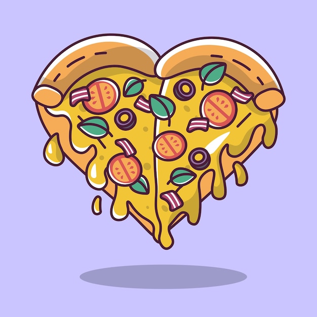 Due fette di pizza a forma di cuore con pomodori e olive in stile cartone animato illustrazione vettoriale