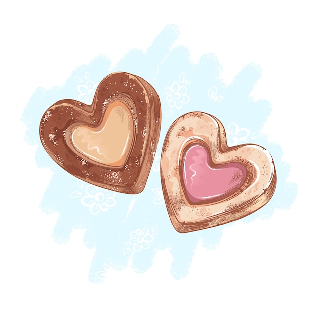 Two heart-shaped shortbread cookies. Desserts and sweets. Sketchy hand drawing style.