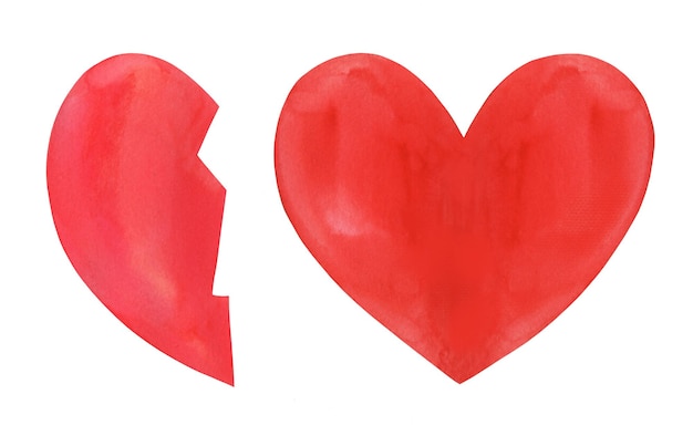 Two hearts set hand painted in watercolor. One is a broken half.